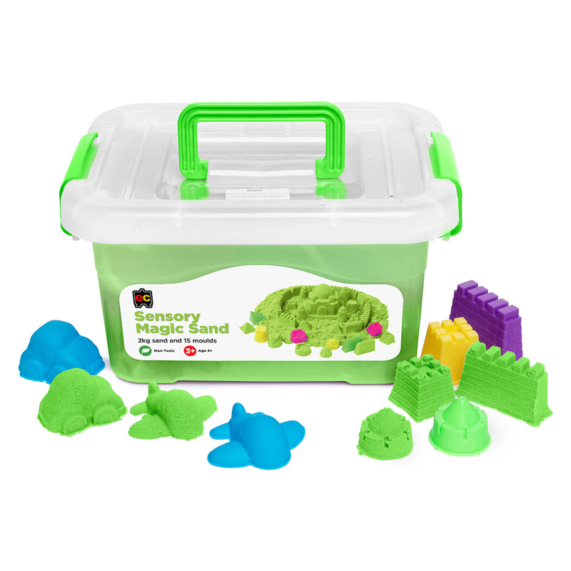 Educational Colours Sensory Magic Sand with Moulds 2kg Green displayed in a reusable storage tub with colourful mould accessories, castle shapes, animal moulds, and bright green sensory sand for creative tactile play.