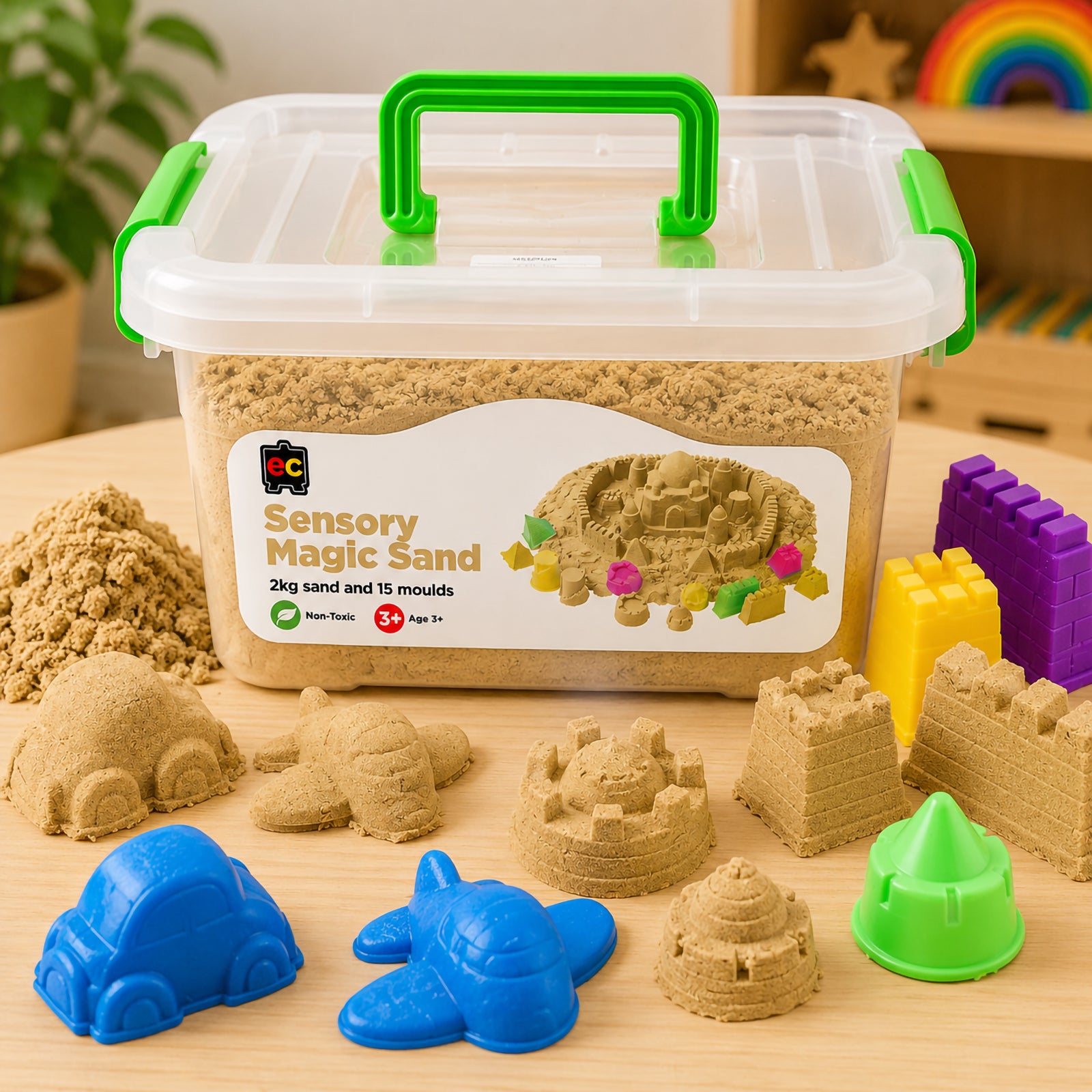 Educational Colours Sensory Magic Sand with Moulds 2kg Natural displayed with reusable storage tub, detailed moulded sand creations, and bright sensory play accessories.