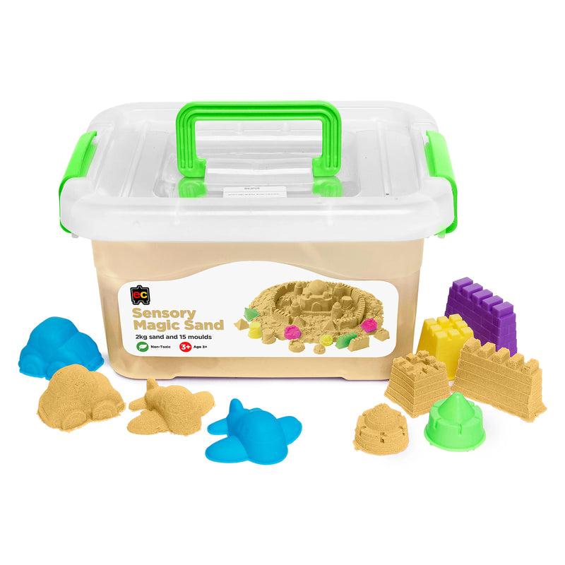 Educational Colours Sensory Magic Sand with Moulds 2kg Natural displayed in a reusable storage tub with colourful mould accessories, castle shapes, animal moulds, and natural coloured sensory sand for tactile creative play.
