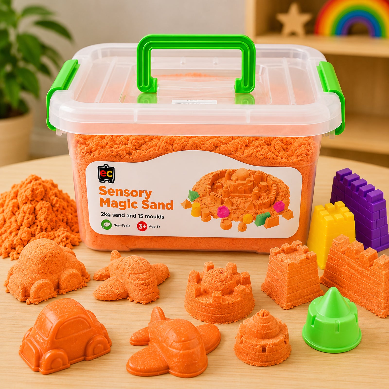 Educational Colours Sensory Magic Sand with Moulds 2kg Orange displayed with detailed moulded sand creations, reusable storage tub, and bright colourful sensory play accessories.