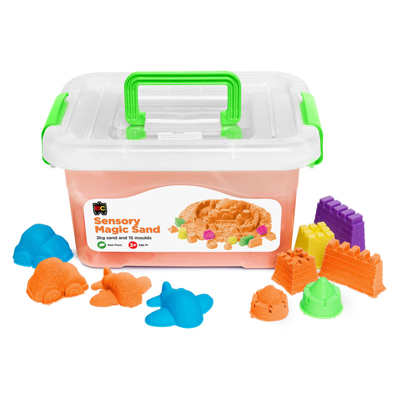 Educational Colours Sensory Magic Sand with Moulds 2kg Orange displayed in a reusable storage tub with colourful mould accessories, castle shapes, animal moulds, and bright orange sensory sand for creative tactile play activities.
