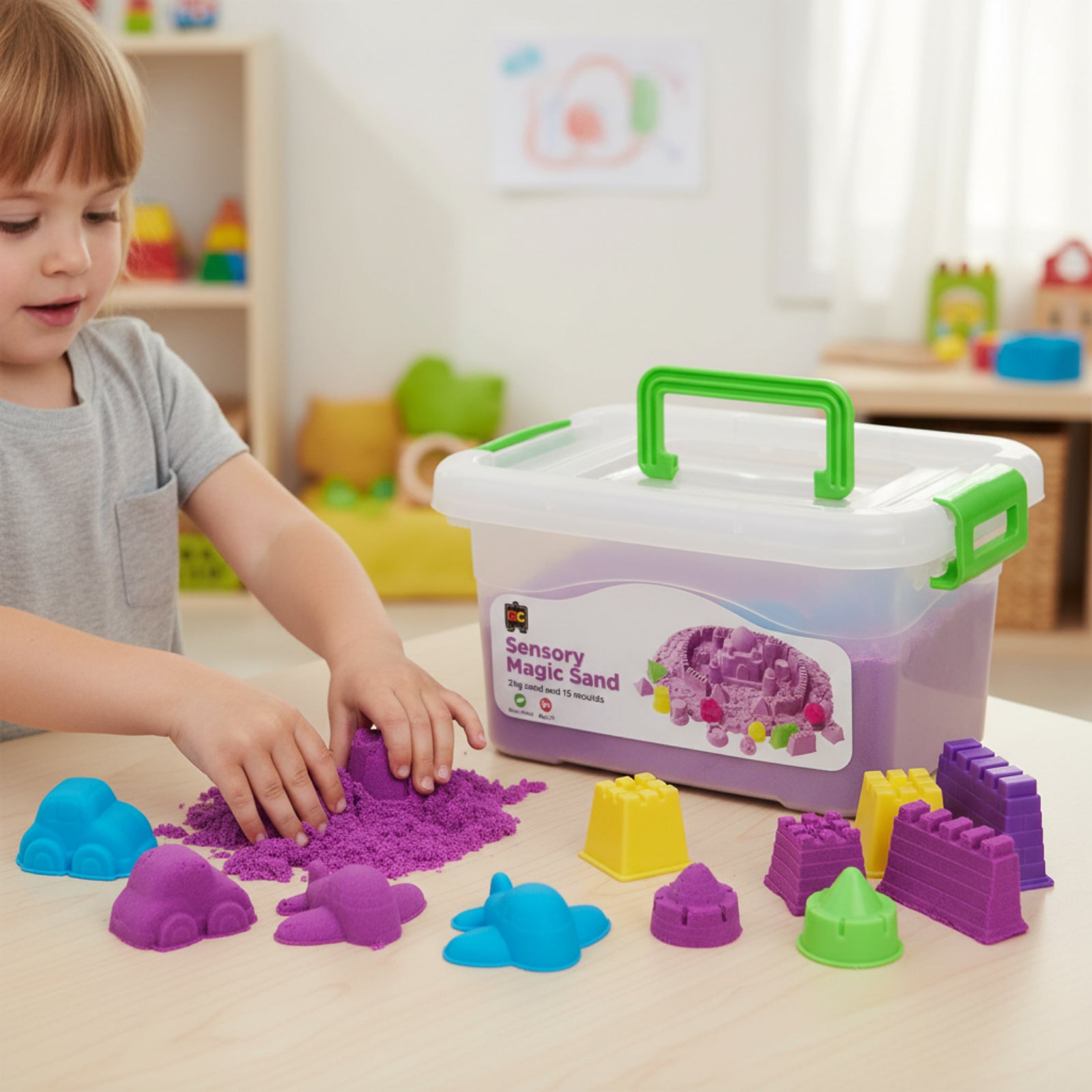 Child enjoying Educational Colours Sensory Magic Sand with Moulds 2kg Purple while shaping vibrant purple sensory sand beside colourful mould accessories and reusable storage tub.