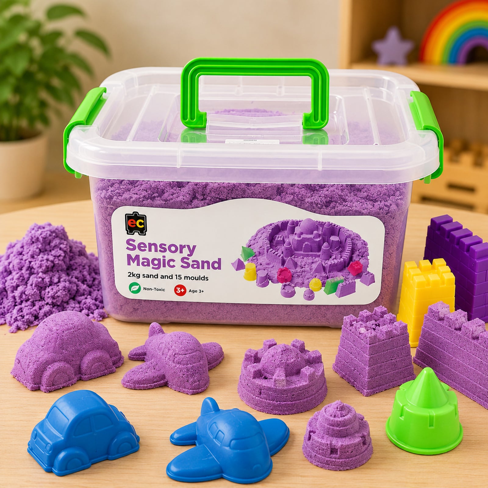 Educational Colours Sensory Magic Sand with Moulds 2kg Purple displayed with detailed purple sand creations, colourful moulds, and reusable storage tub for sensory play.