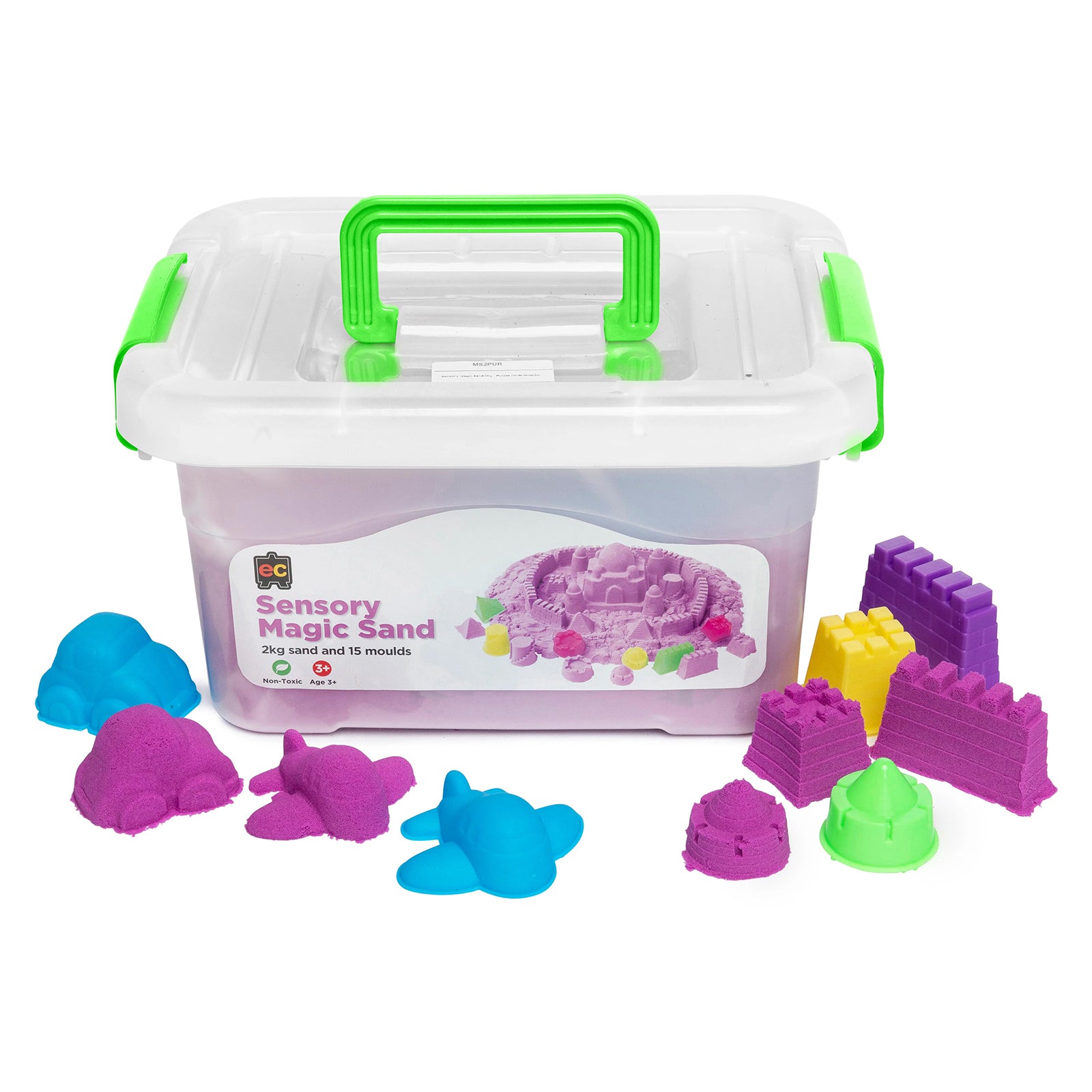 Educational Colours Sensory Magic Sand with Moulds 2kg Purple displayed in a reusable storage tub with colourful castle moulds, animal shapes, and vibrant purple sensory sand designed for tactile learning and creative sensory activities.