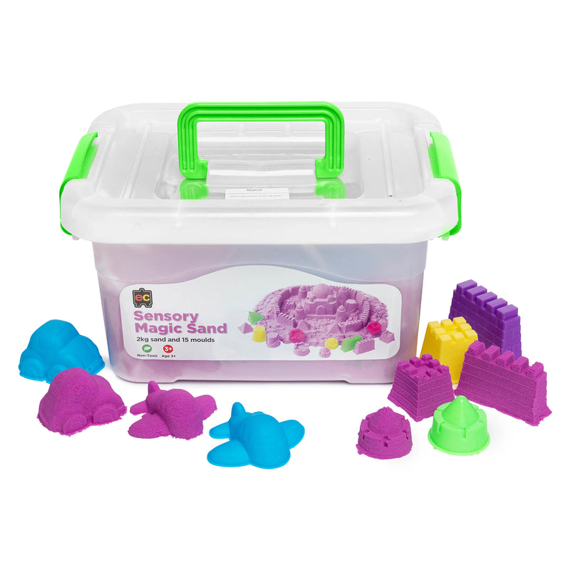 Educational Colours Sensory Magic Sand with Moulds 2kg Purple displayed in a reusable storage tub with colourful castle moulds, animal shapes, and vibrant purple sensory sand designed for tactile learning and creative sensory activities.