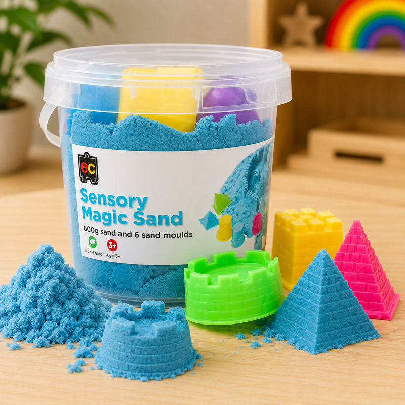 Educational Colours Sensory Magic Sand with Moulds 600g Blue displayed with reusable storage tub, bright mould accessories, and detailed blue sand creations.