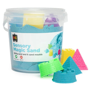Educational Colours Sensory Magic Sand with Moulds 600g Blue displayed in a clear reusable storage tub with colourful moulds and detailed blue sand castle shapes designed for creative sensory learning and tactile play activities.
