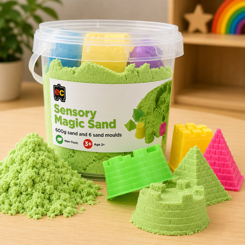 Educational Colours Sensory Magic Sand with Moulds 600g Green displayed with reusable bucket, detailed pyramid creations, and colourful mould accessories.