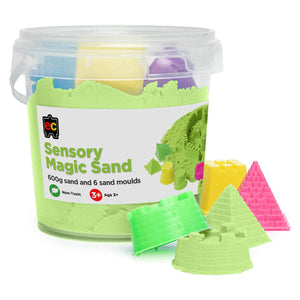 Educational Colours Sensory Magic Sand with Moulds 600g Green displayed in a reusable clear storage tub with colourful sand moulds and shaped green sand creations designed for tactile sensory learning and imaginative play.