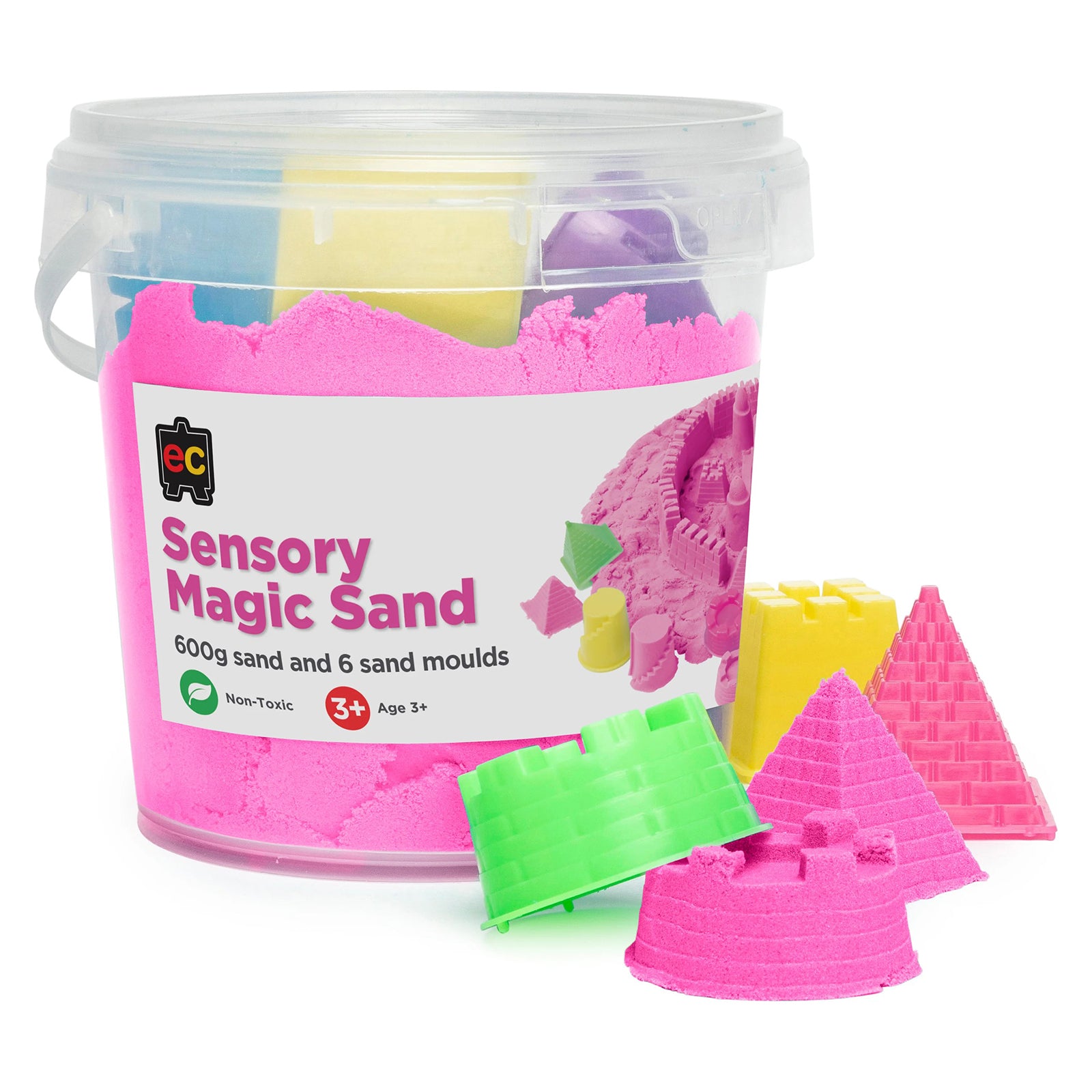 Educational Colours Sensory Magic Sand with Moulds 600g Pink displayed in a clear reusable tub with colourful moulds and detailed pink sand castle shapes designed for tactile sensory play and imaginative creative learning activities.