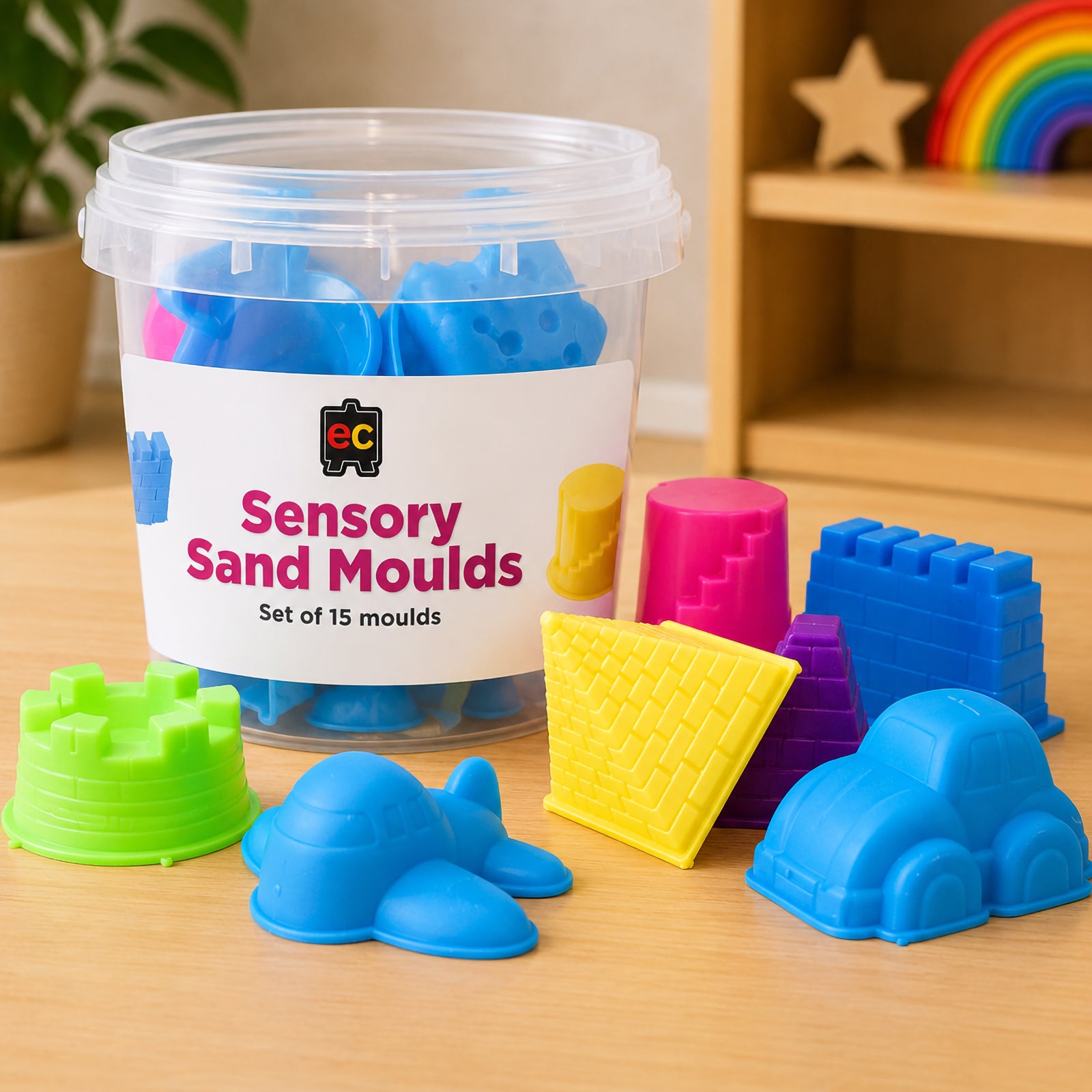Educational Colours Sensory Sand Moulds Set of 15 displayed in reusable storage tub with assorted colourful mould designs for creative sensory activities.