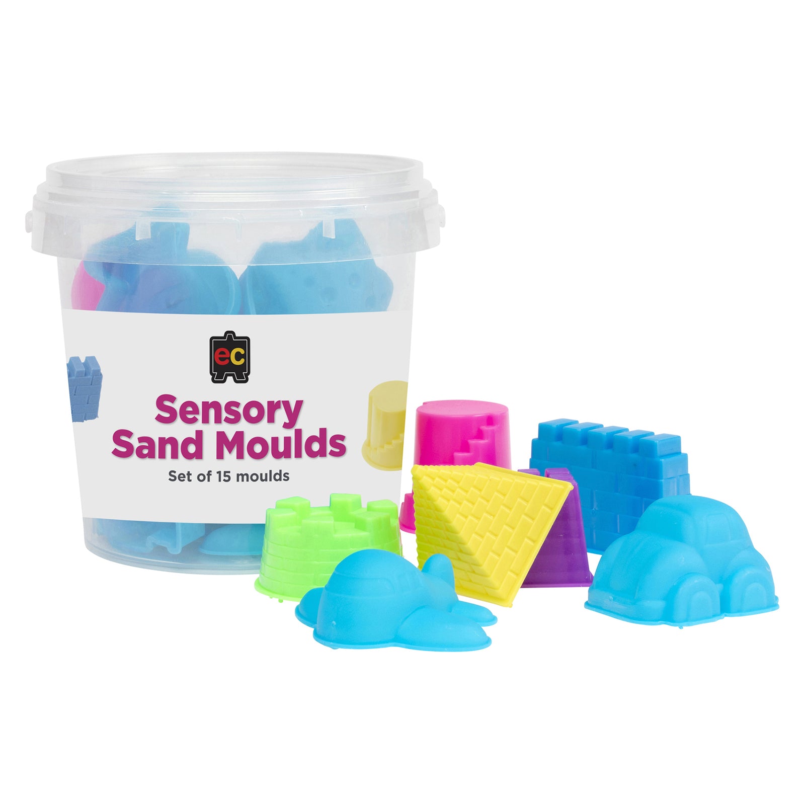 Educational Colours Sensory Sand Moulds Set of 15 displayed in a reusable clear storage tub with assorted colourful moulds including castles, pyramids, vehicles, and animal shapes designed for sensory magic sand creative play activities.
