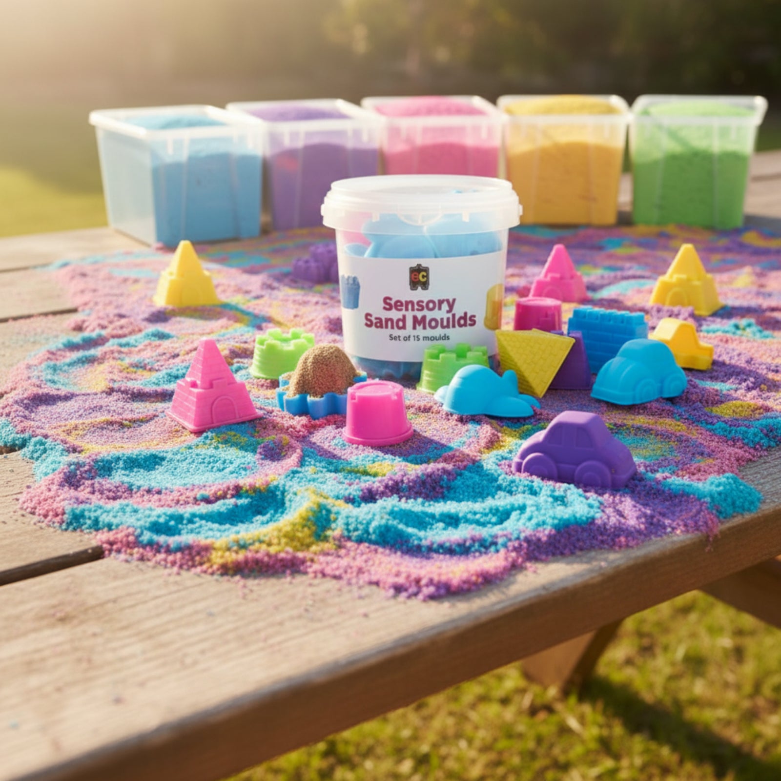 Outdoor sensory play setup featuring colourful Educational Colours sensory sand moulds arranged on vibrant sensory sand with assorted tubs in the background.