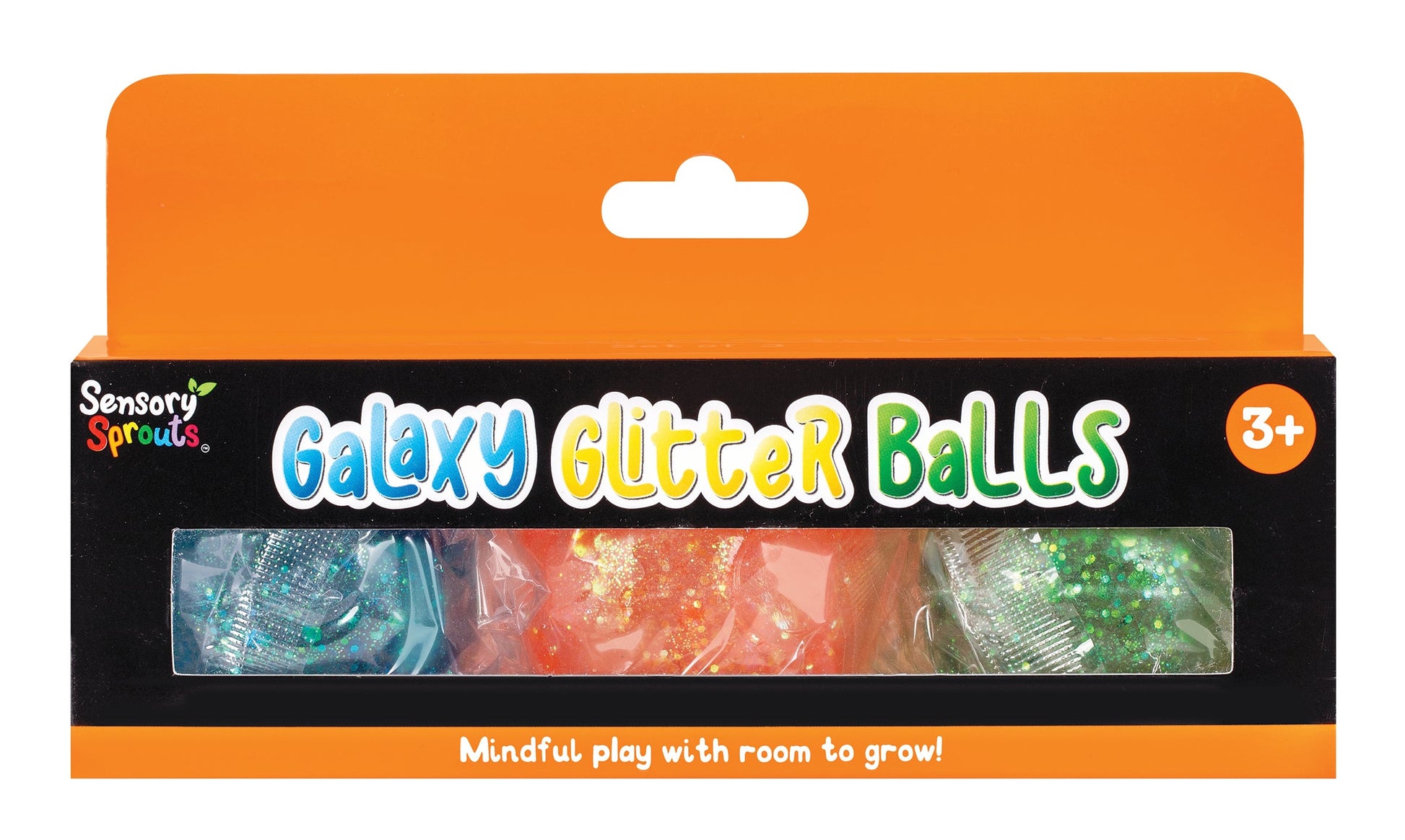 Orange Galaxy Glitter Ball stretch fidget, a translucent squishy ball with fine glitter suspended through the gel, shown on a white background.