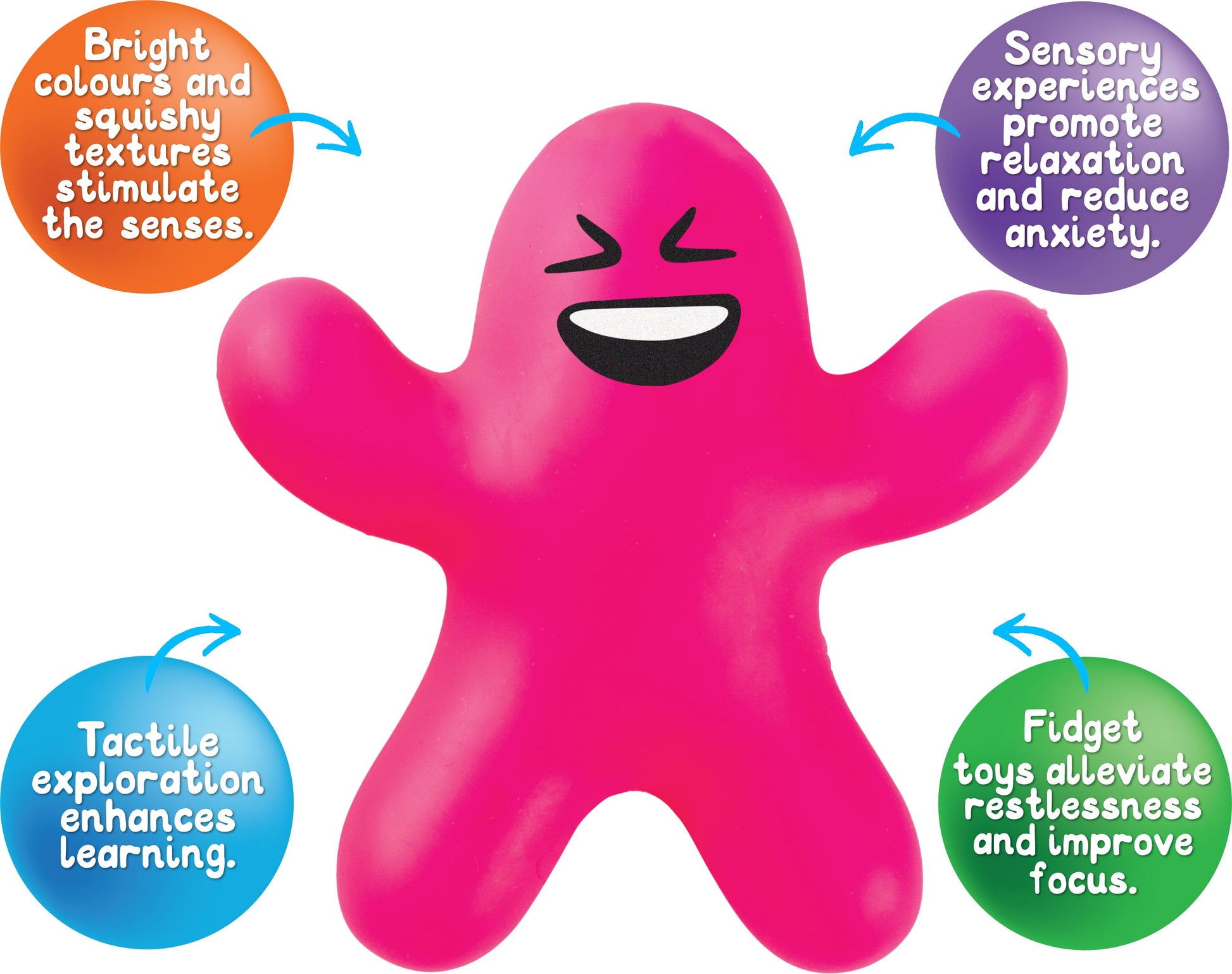 Squish Pal fidgets in several colours grouped together, showing the range the pink version belongs to.