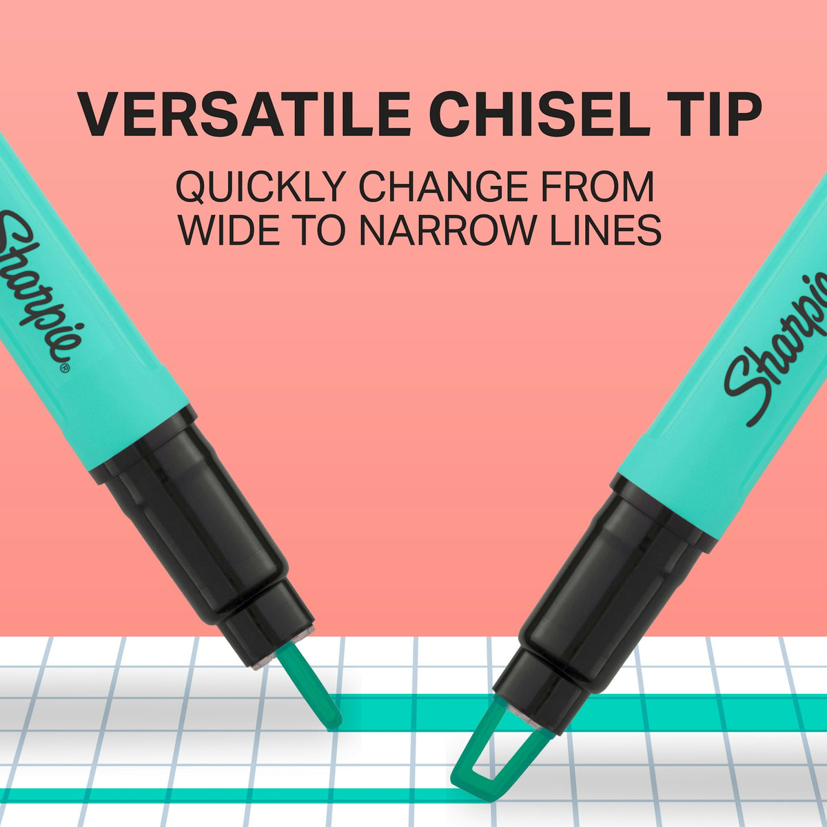 Two teal Sharpie Clear View stick highlighters showing the versatile chisel tip changing from wide to narrow lines