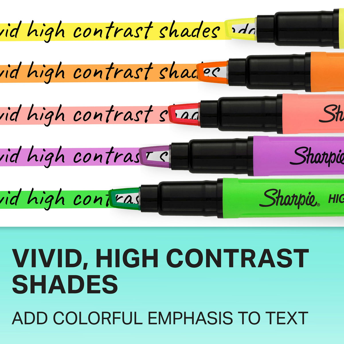 Yellow, orange, coral, purple and green Sharpie Clear View highlighters adding colour to handwritten notes, captioned Vivid, high contrast shades