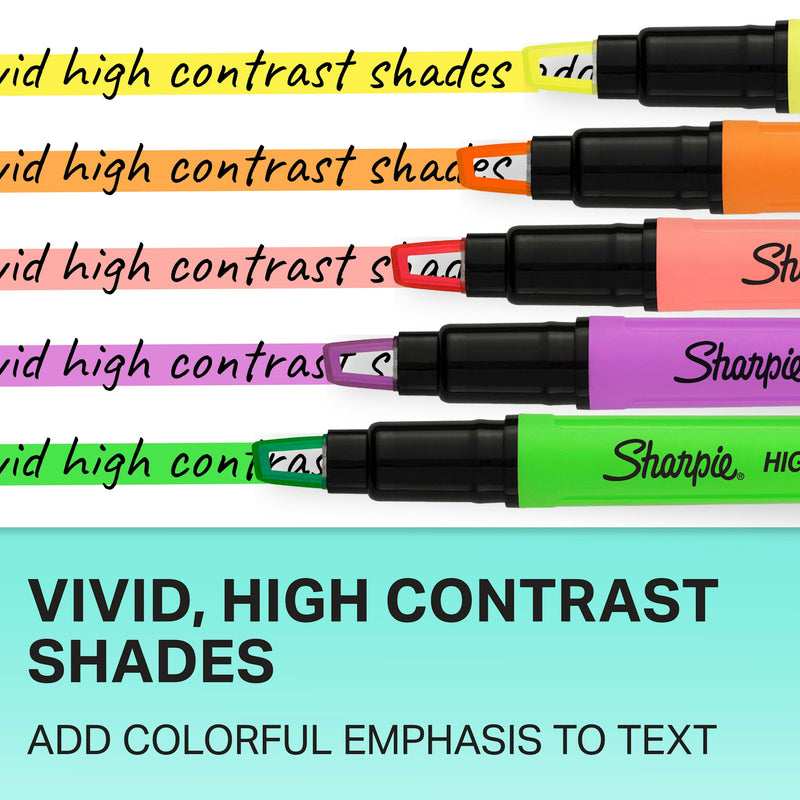 Yellow, orange, coral, purple and green Sharpie Clear View highlighters adding colour to handwritten notes, captioned Vivid, high contrast shades