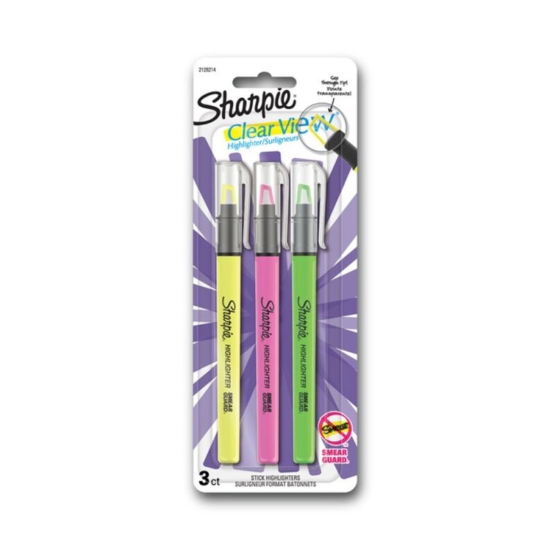 Sharpie Clear View 3ct stick highlighter card with yellow, pink and green highlighters, clear caps with pocket clips and a purple burst background