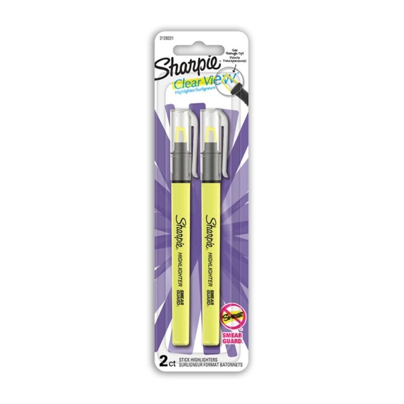 Sharpie Clear View 2ct stick highlighter card with two yellow highlighters, clear caps with pocket clips and a purple burst background