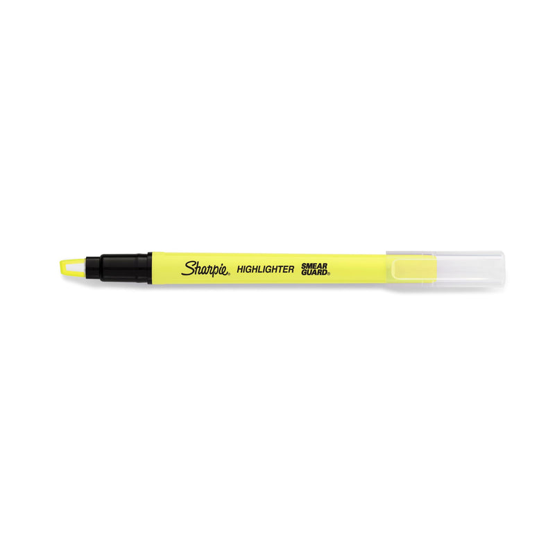 Single yellow Sharpie Clear View stick highlighter with the cap removed, showing the see-through chisel tip, on a white background