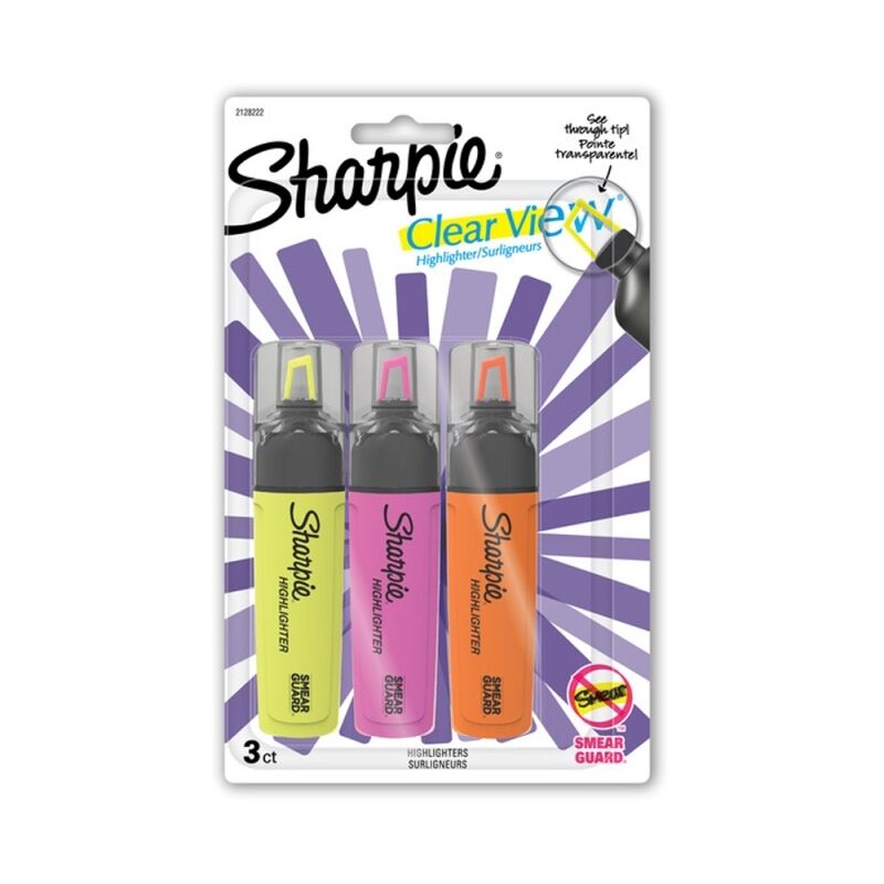 Sharpie Clear View 3ct tank highlighter card with yellow, pink and orange highlighters showing their see-through chisel tips through clear caps
