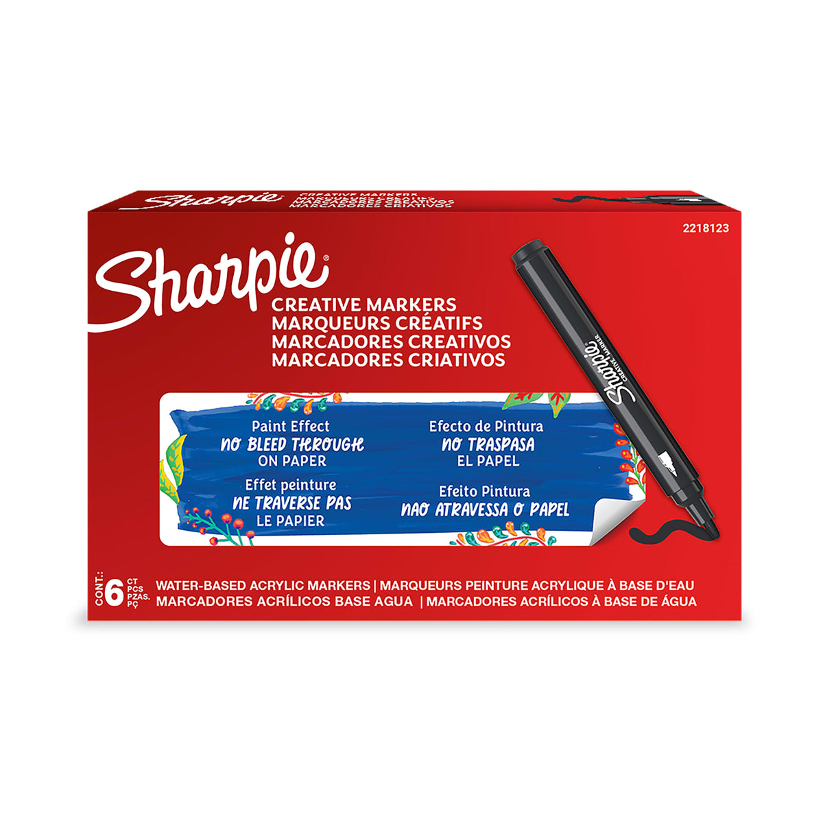Sharpie Creative Markers printed box of 6 water-based acrylic markers with English, French, Spanish and Portuguese text and a black bullet-tip marker and stroke printed on the front