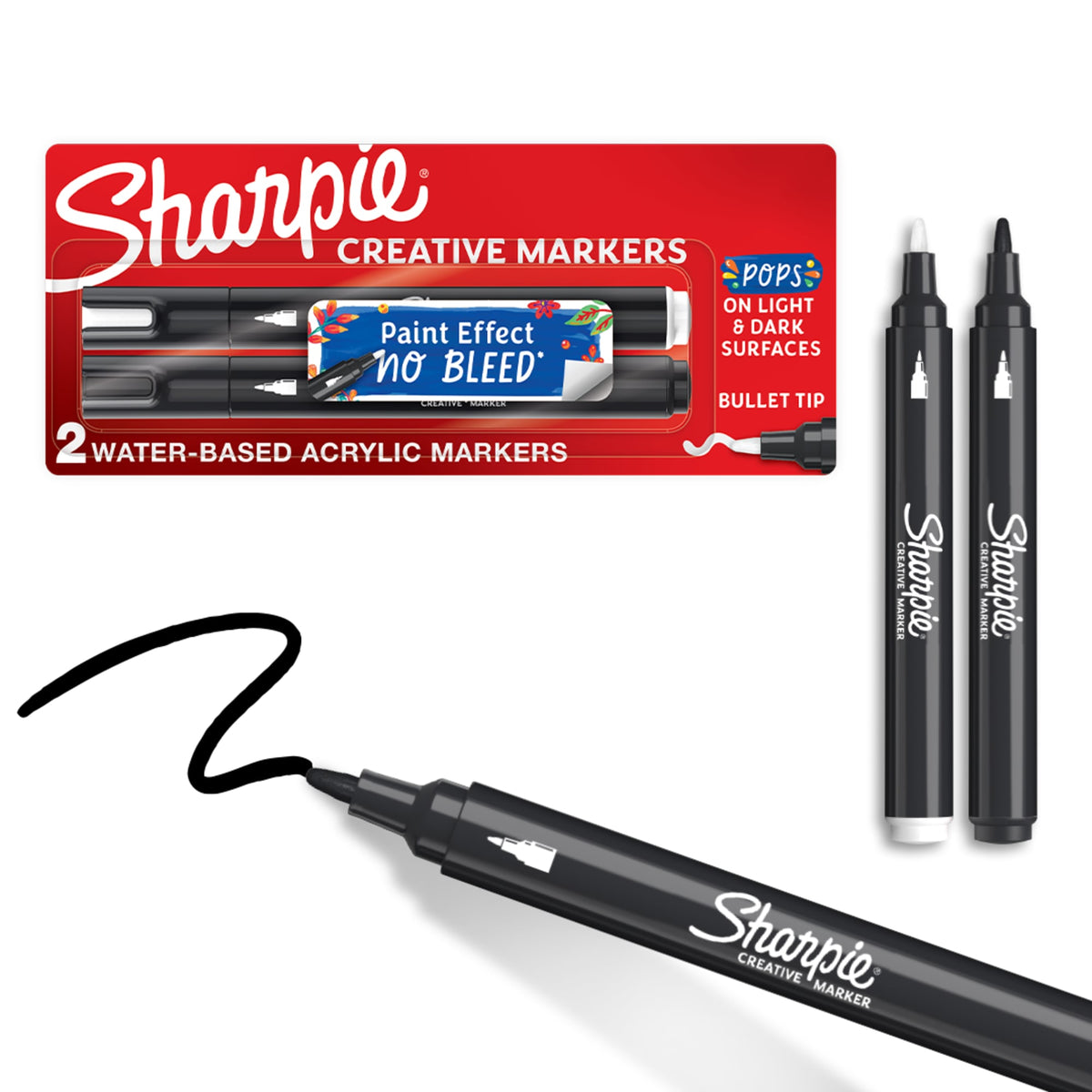 Sharpie Creative Markers retail blister pack of 2 bullet-tip water-based acrylic markers beside uncapped white and black markers and a black marker drawing a squiggle; one of the 6 packs in this box