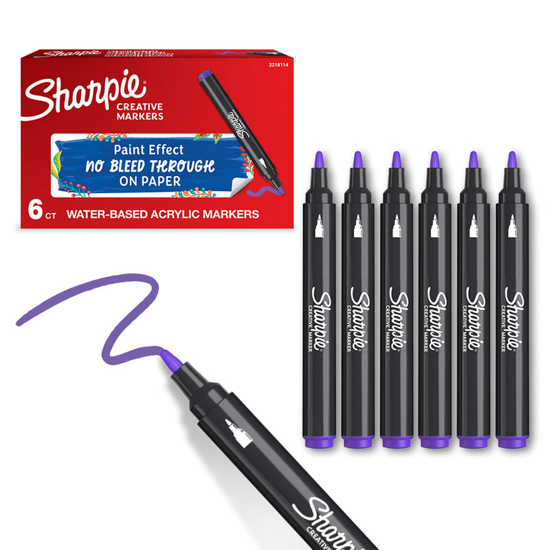 Sharpie Creative Markers box of 6 water-based acrylic markers with six lilac bullet-tip markers standing beside it and one marker drawing a lilac squiggle