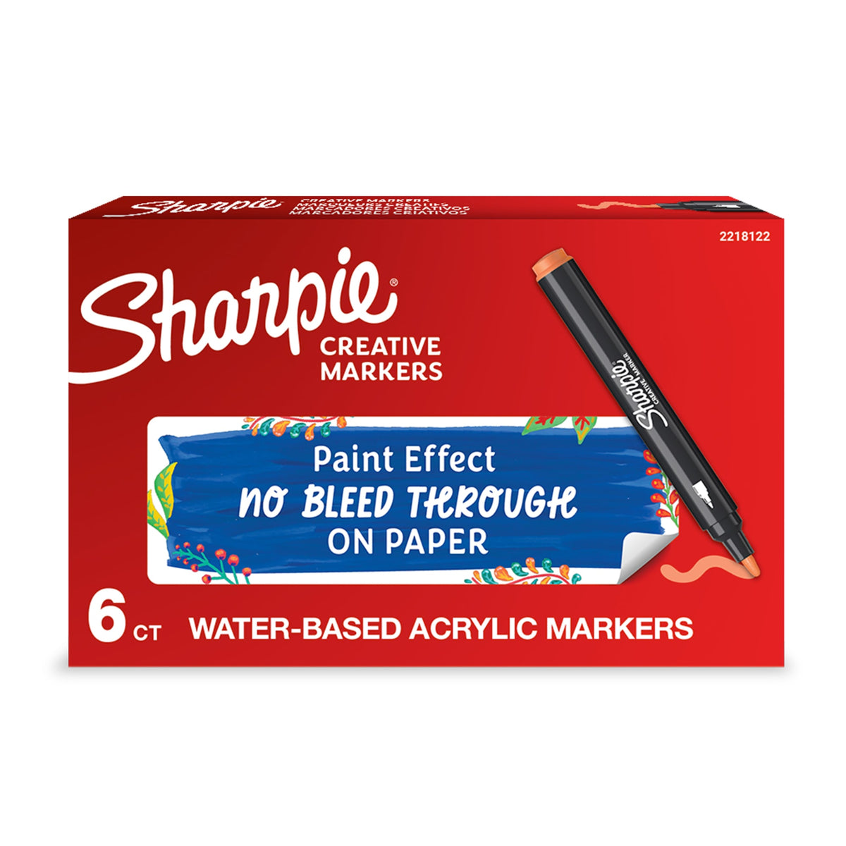 English-language version of the Sharpie Creative Markers box of 6 water-based acrylic markers, with an orange marker printed on the front