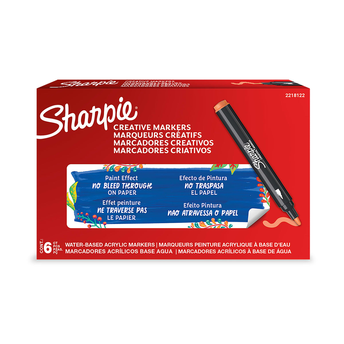 Sharpie Creative Markers printed box of 6 water-based acrylic markers with English, French, Spanish and Portuguese text and an orange bullet-tip marker and stroke printed on the front