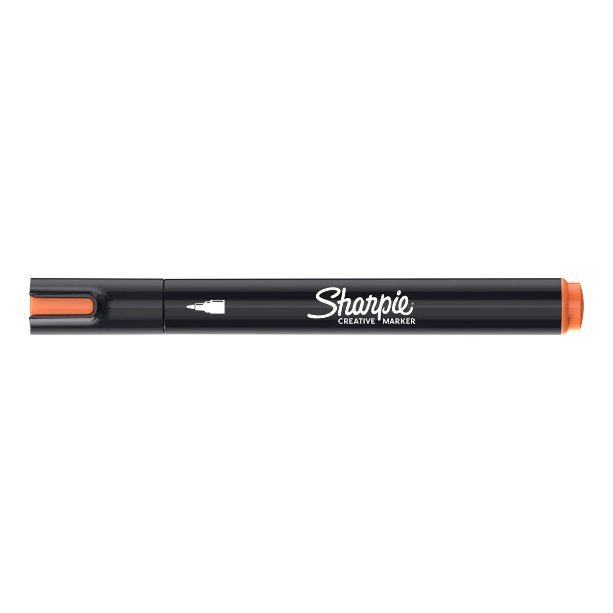 Single Sharpie Creative Marker in orange with the cap on, lying flat on a white background; one of the 6 markers in the box