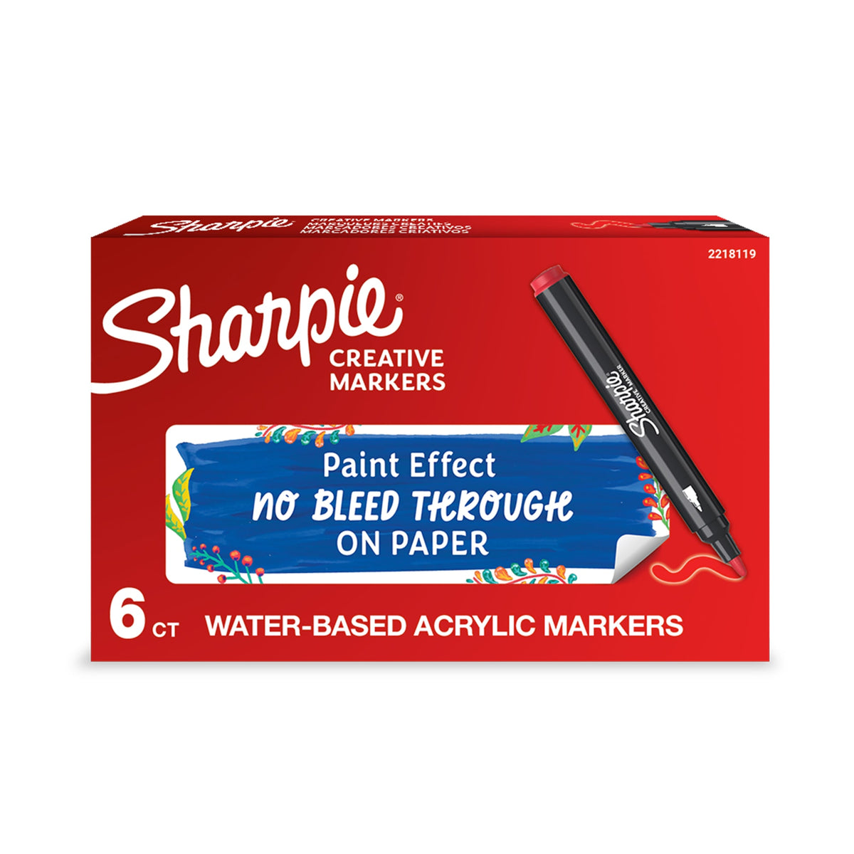 English-language version of the Sharpie Creative Markers box of 6 water-based acrylic markers, with a red marker printed on the front