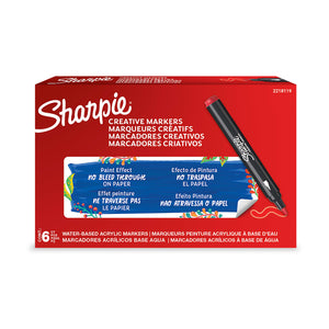 Sharpie Creative Markers printed box of 6 water-based acrylic markers with English, French, Spanish and Portuguese text and a red bullet-tip marker and stroke printed on the front