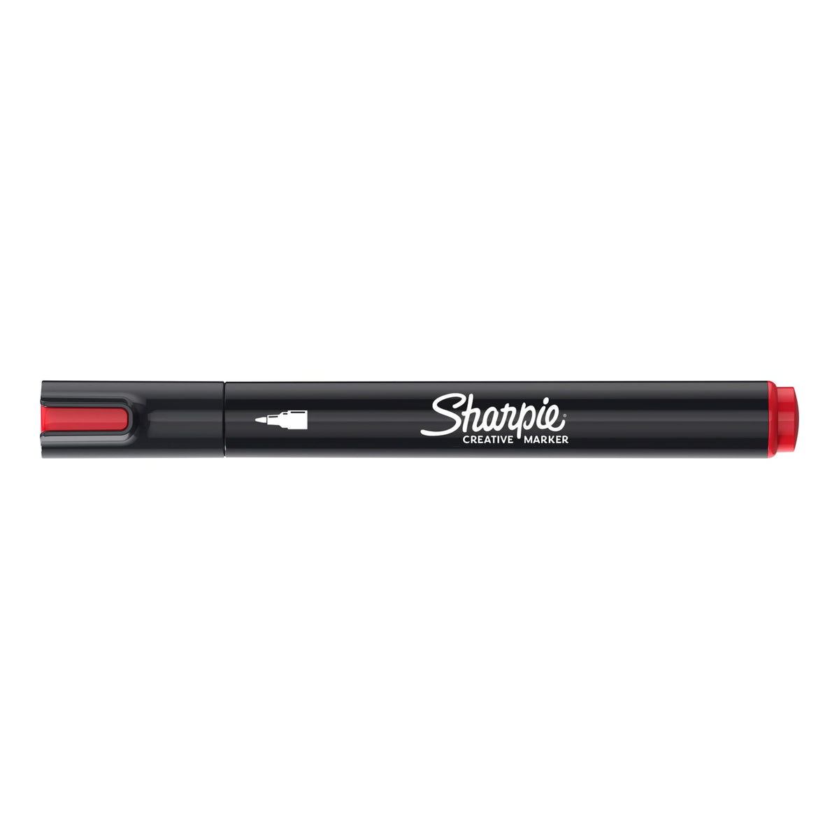 Single Sharpie Creative Marker in red with the cap on, lying flat on a white background; one of the 6 markers in the box