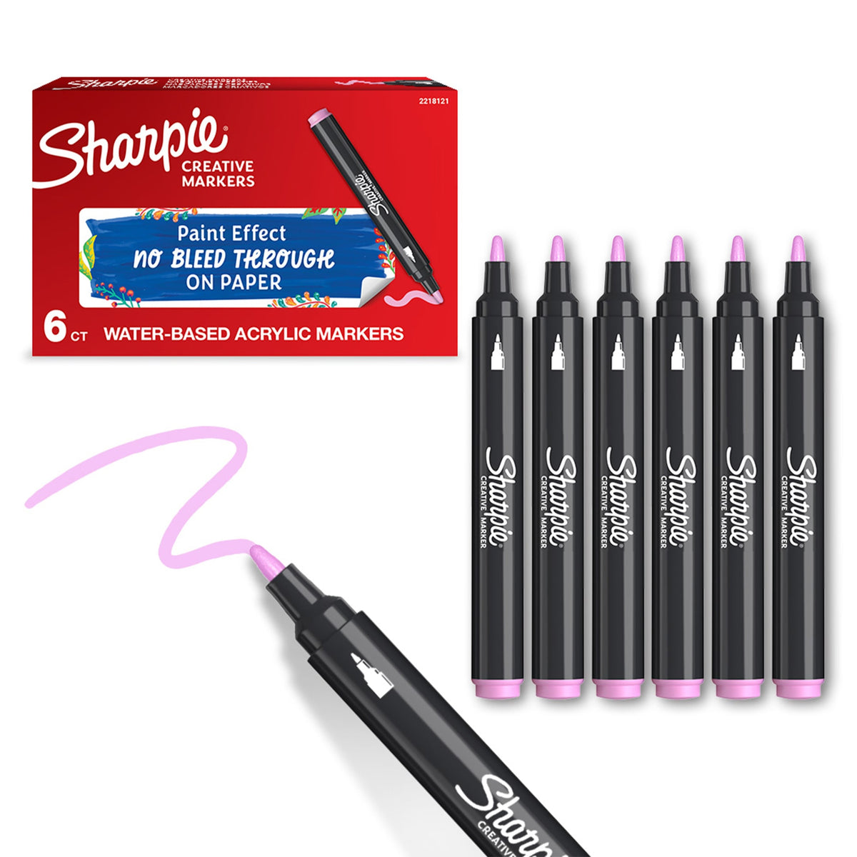 Sharpie Creative Markers box of 6 water-based acrylic markers with six rose pink bullet-tip markers standing beside it and one marker drawing a rose pink squiggle