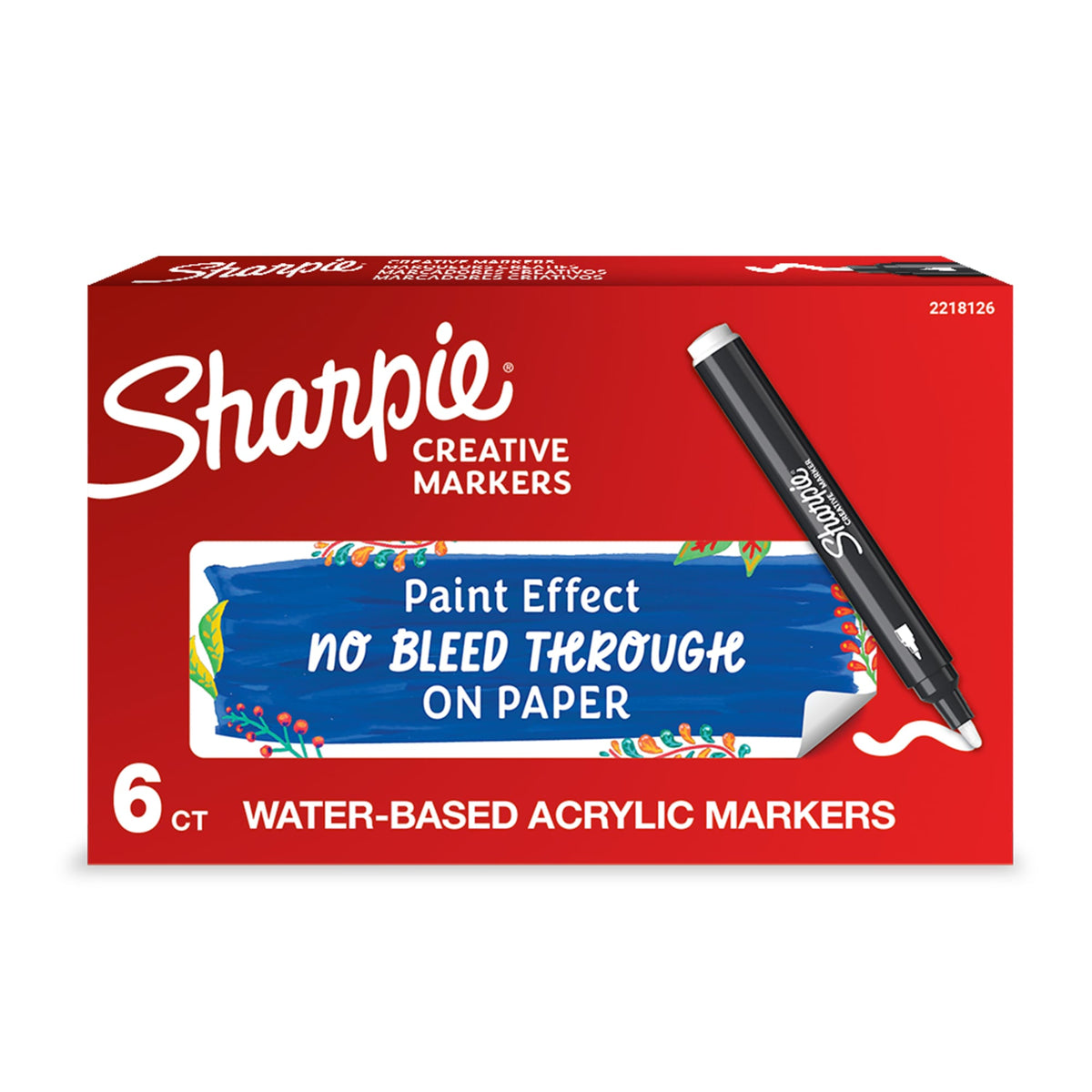 English-language version of the Sharpie Creative Markers box of 6 water-based acrylic markers, with a white marker printed on the front