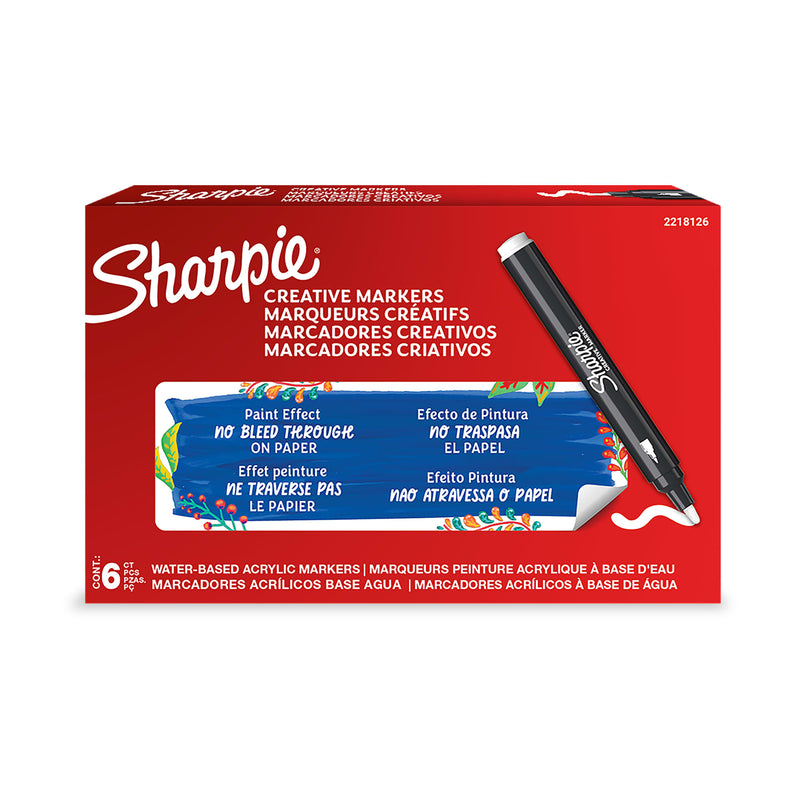Sharpie Creative Markers printed box of 6 water-based acrylic markers with English, French, Spanish and Portuguese text and a white bullet-tip marker and stroke printed on the front