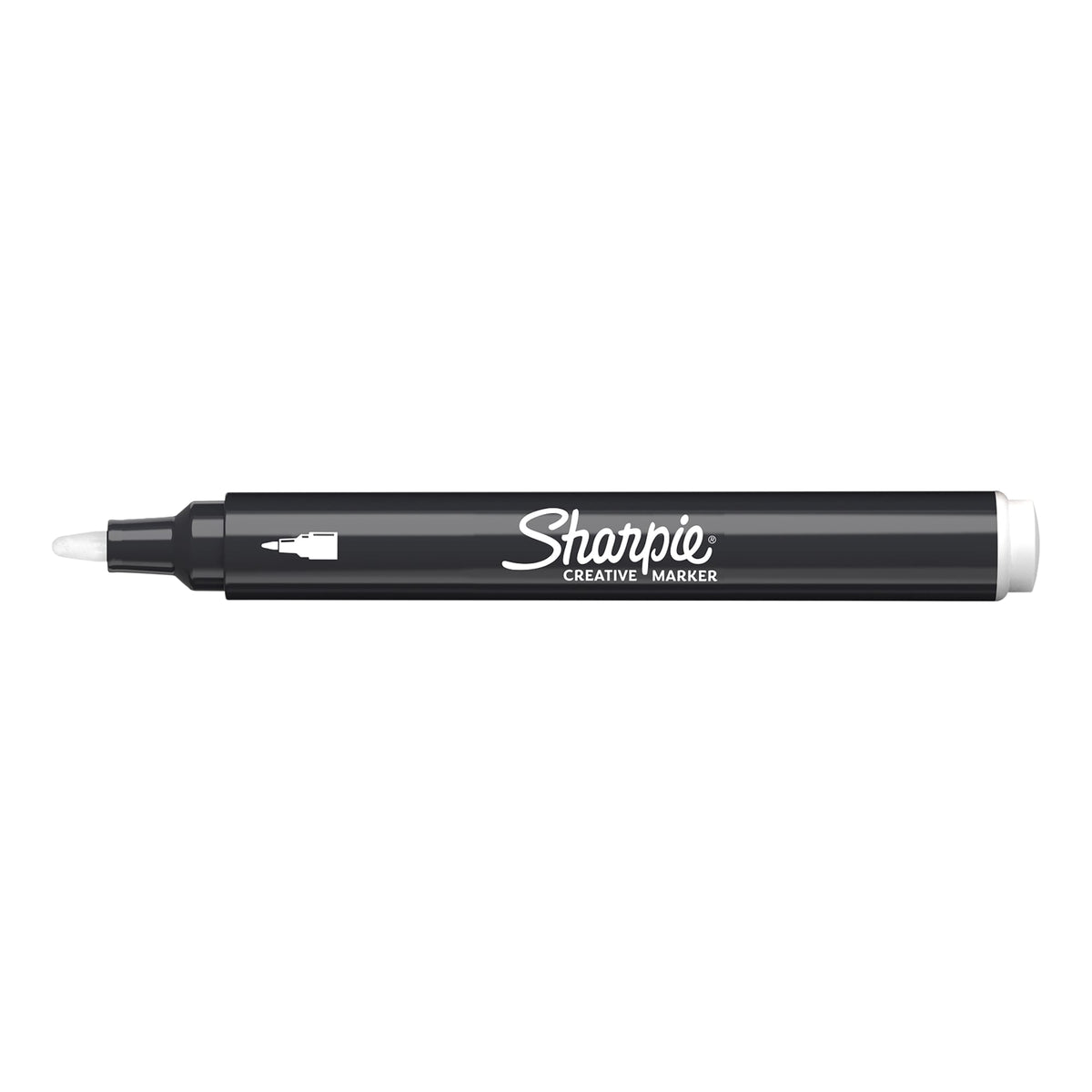 Single Sharpie Creative Marker in white with the cap removed, showing the bullet tip, lying flat on a white background; one of the 6 markers in the box