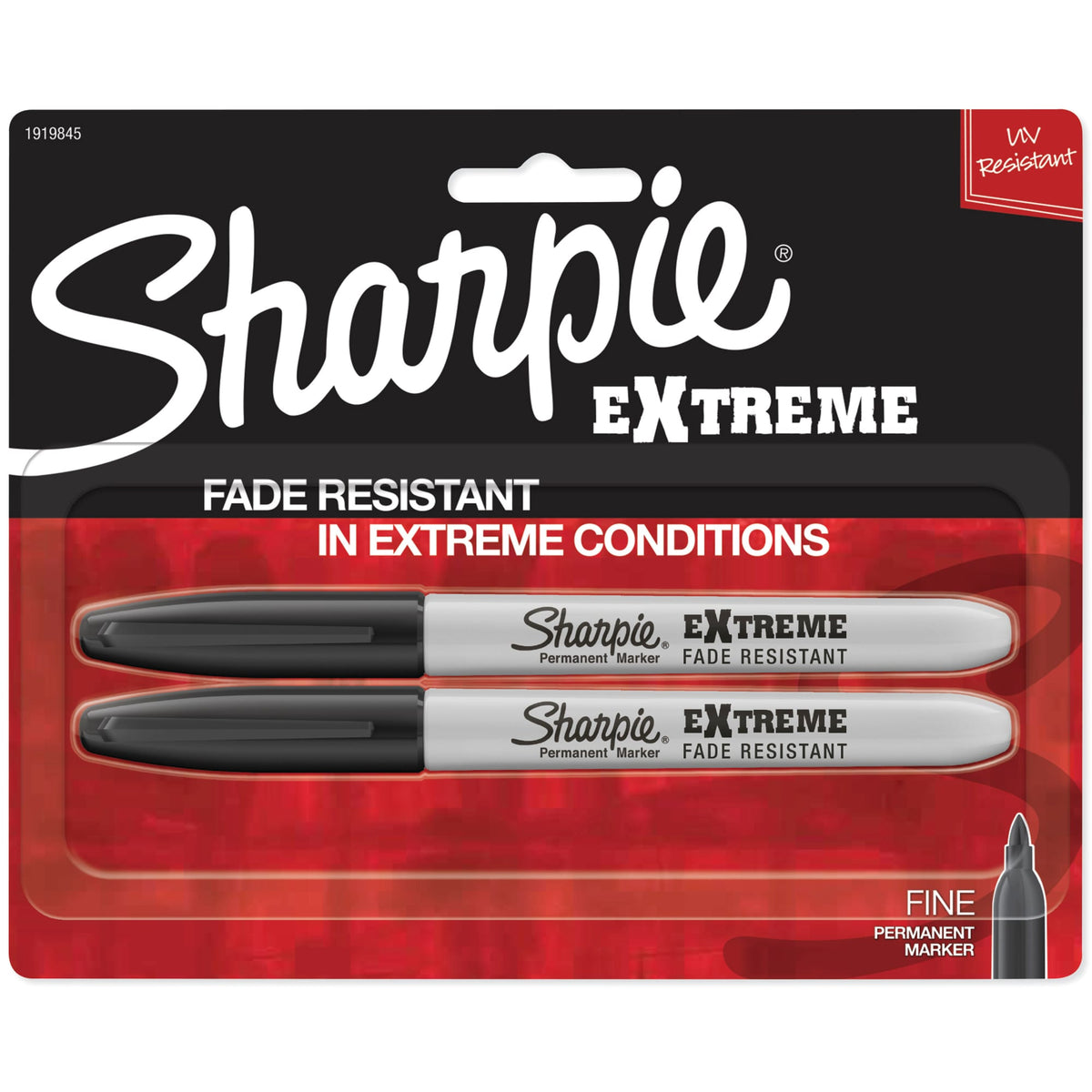 Sharpie Extreme fine point permanent markers 2 count card with 2 black markers, UV Resistant corner badge and Fade resistant in extreme conditions. This box contains 6 cards.