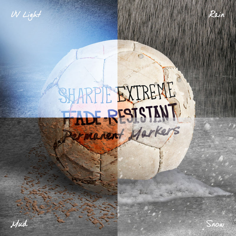 Weathered soccer ball split into UV light, rain, mud and snow panels, with the text Sharpie Extreme fade-resistant permanent markers.