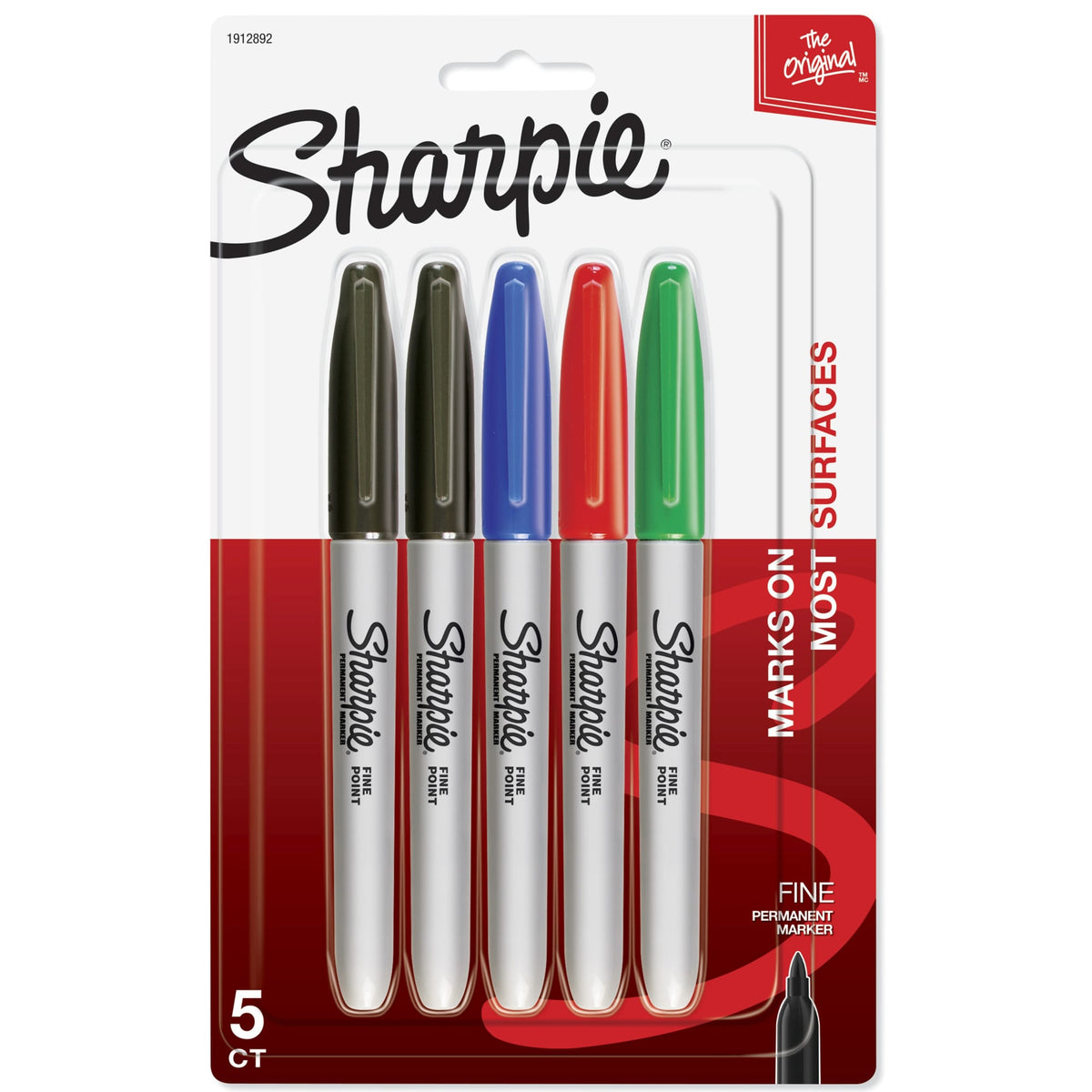 Sharpie Fine Point permanent markers 5 count retail card holding 2 black, 1 blue, 1 red and 1 green marker, printed Marks on most surfaces. This box contains 6 of these cards.
