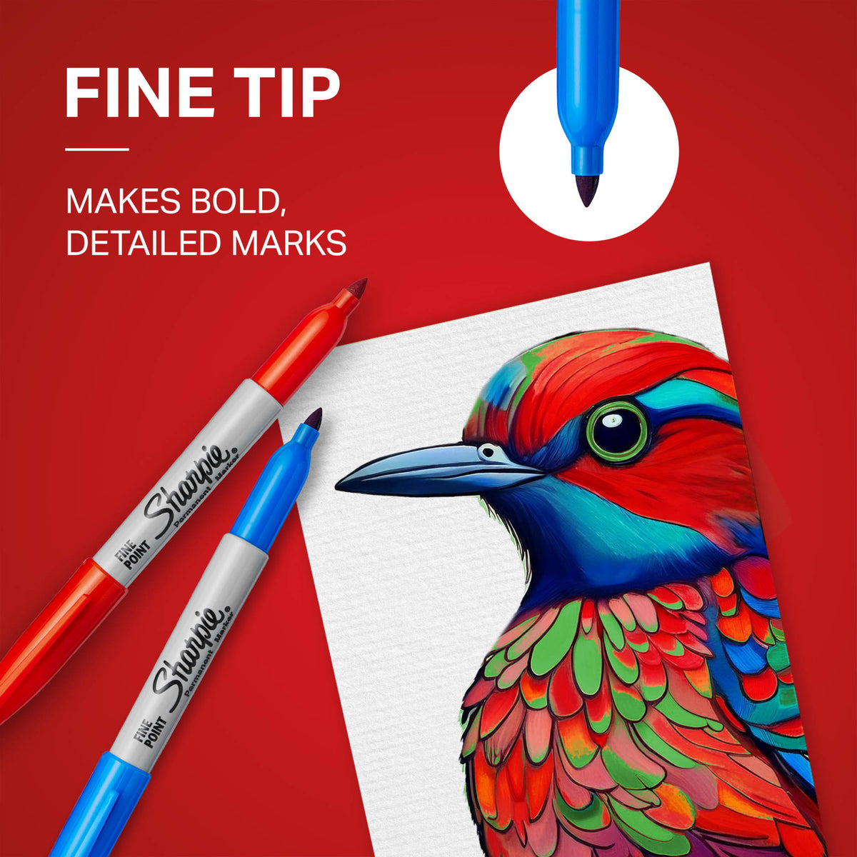 Red and blue Sharpie Fine Point markers beside a bird drawing, with the caption Fine tip makes bold, detailed marks.