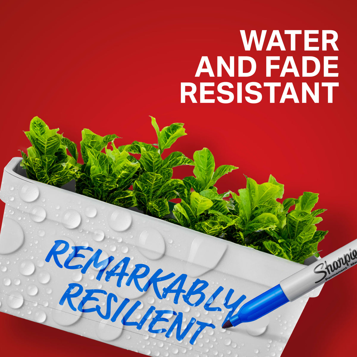 Sharpie feature graphic reading Water and fade resistant, Remarkably resilient, written on a wet plant pot.