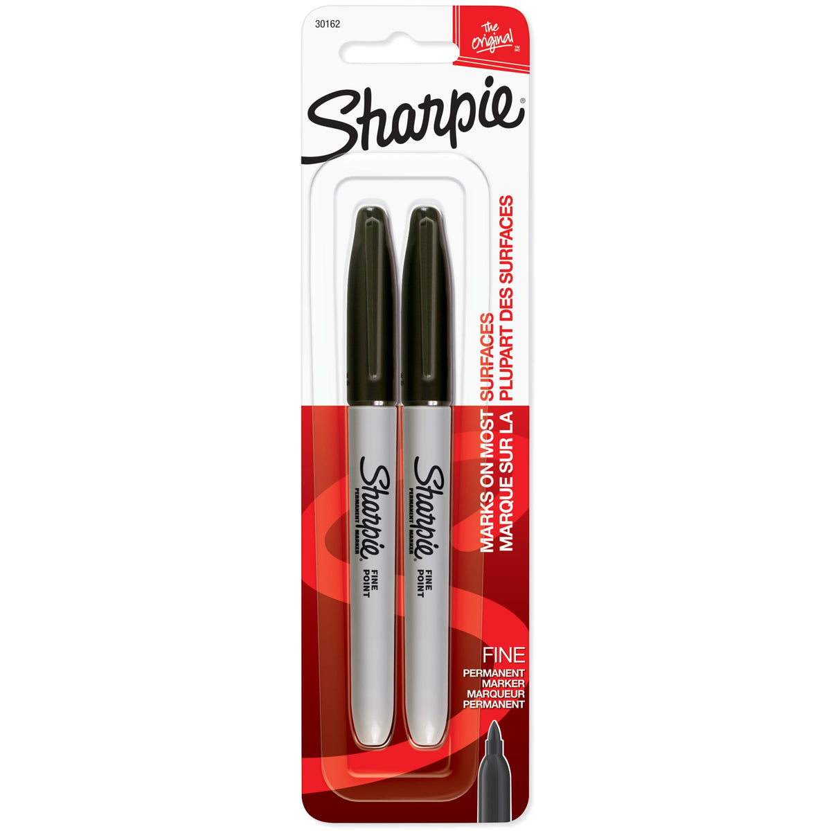 Sharpie Fine Point permanent markers 2 count retail card with 2 black markers, printed Marks on most surfaces and Fine. This box contains 6 of these cards.