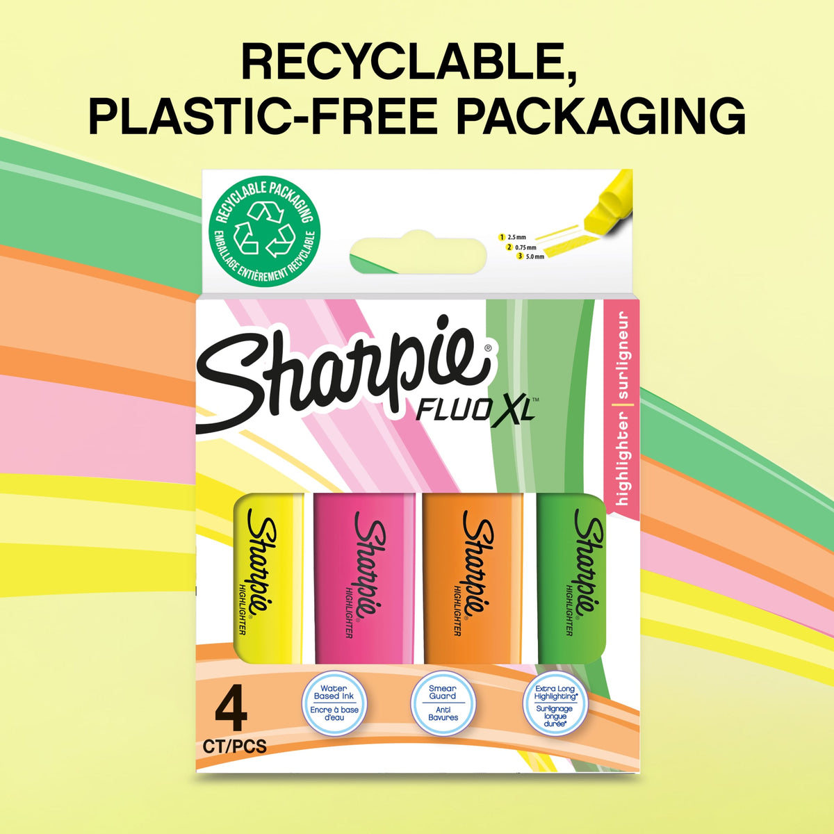 Sharpie graphic showing the Fluo XL four-pack cardboard box with the caption Recyclable, plastic-free packaging