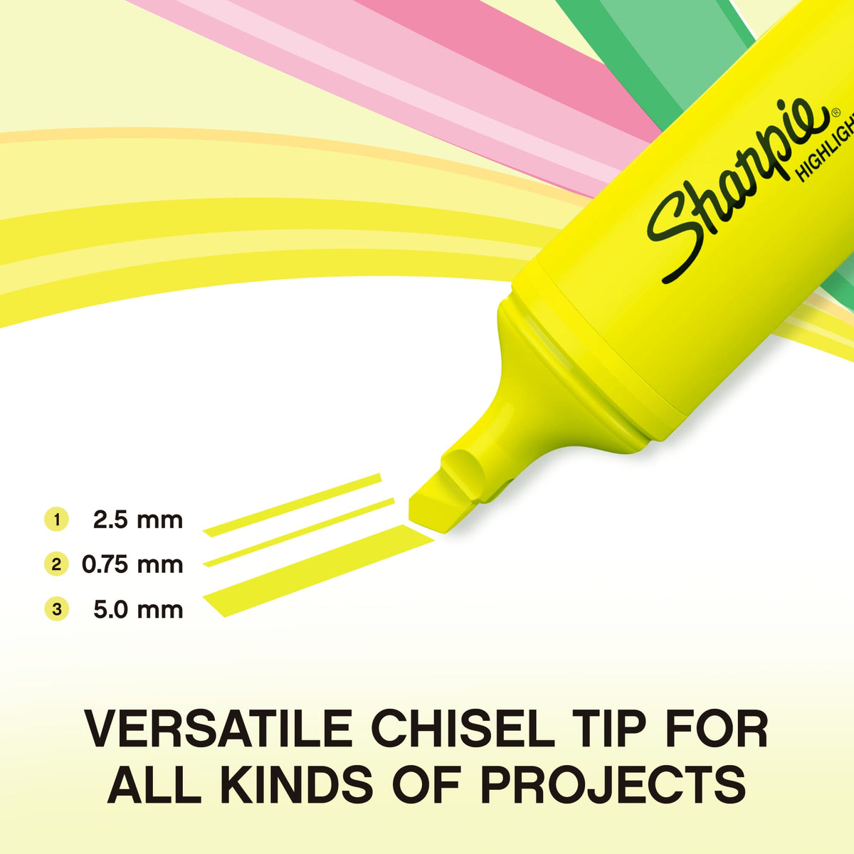 Sharpie graphic of a yellow Fluo XL chisel tip with its three line widths of 2.5 mm, 0.75 mm and 5.0 mm marked