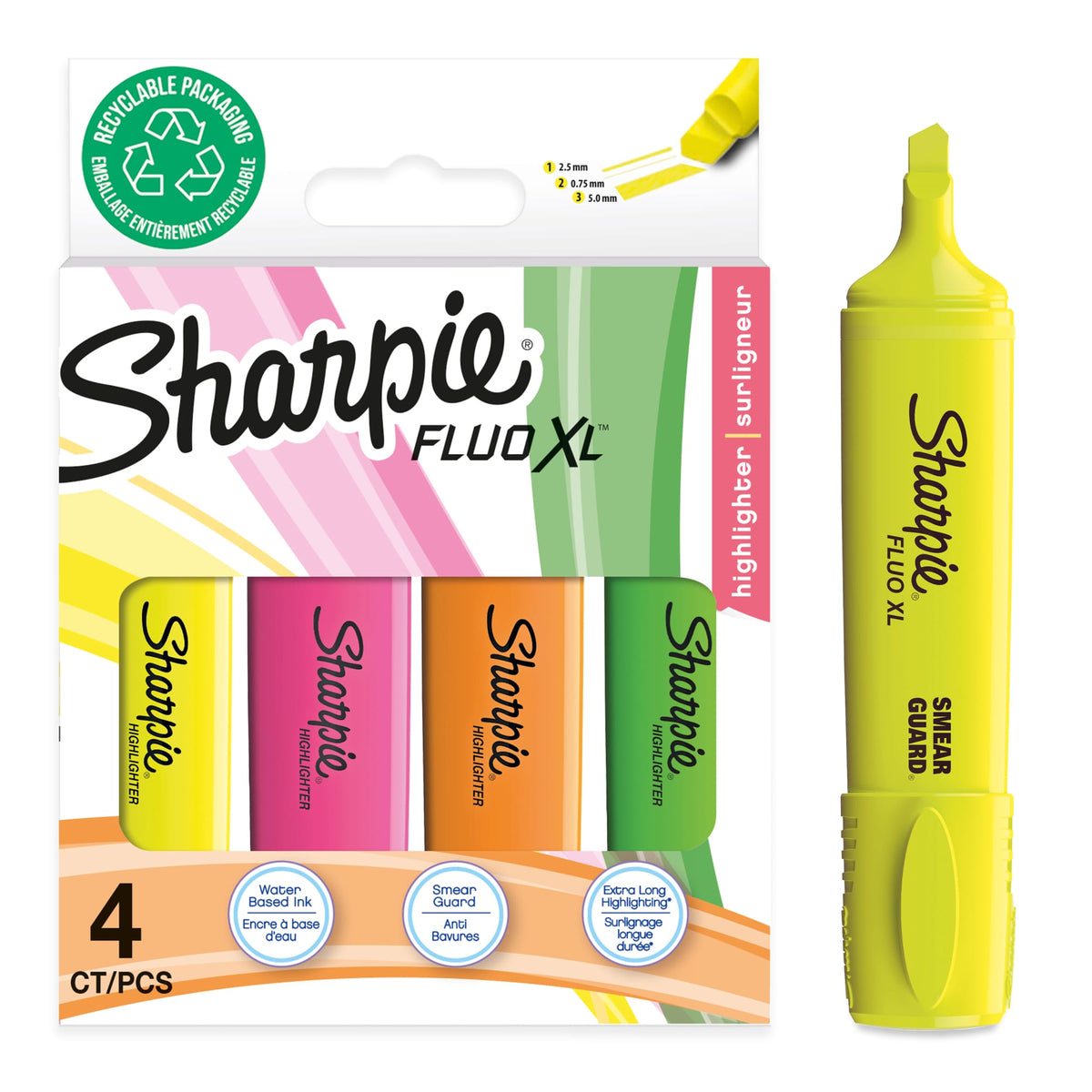 Sharpie Fluo XL cardboard box of four highlighters in yellow, pink, orange and green with a loose yellow Fluo XL beside it, showing line width and water based ink icons, on a white background