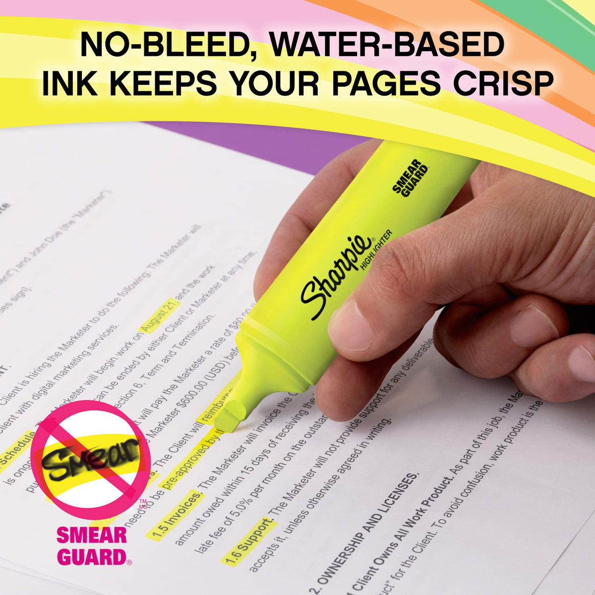 Sharpie graphic of a hand highlighting printed text in yellow with the caption No-bleed, water-based ink keeps your pages crisp and a Smear Guard icon