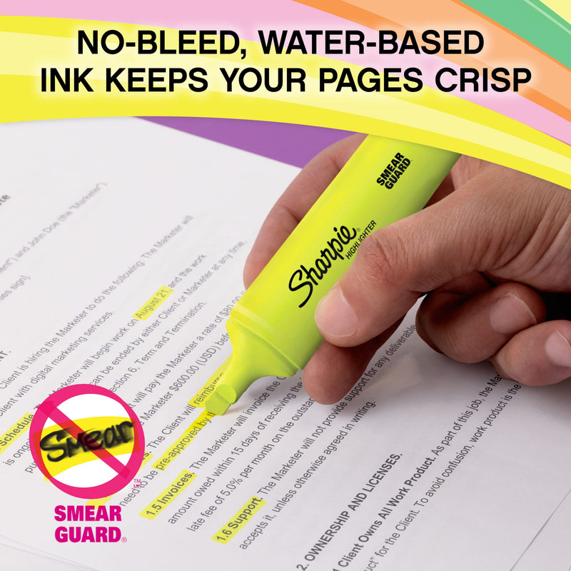 Sharpie graphic of a hand highlighting printed text in yellow with the caption No-bleed, water-based ink keeps your pages crisp and a Smear Guard icon